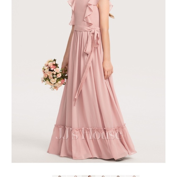 Junior Dress, A line floor length chiffon with bow cascading ruffles. - Picture 4 of 9